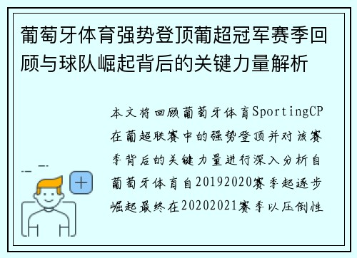 葡萄牙体育强势登顶葡超冠军赛季回顾与球队崛起背后的关键力量解析