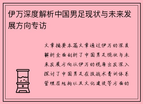 伊万深度解析中国男足现状与未来发展方向专访