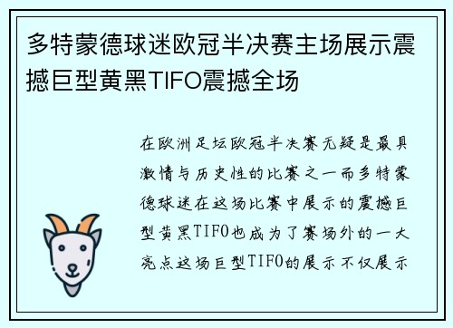 多特蒙德球迷欧冠半决赛主场展示震撼巨型黄黑TIFO震撼全场