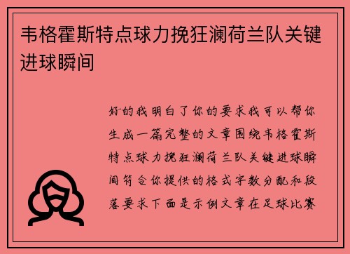韦格霍斯特点球力挽狂澜荷兰队关键进球瞬间